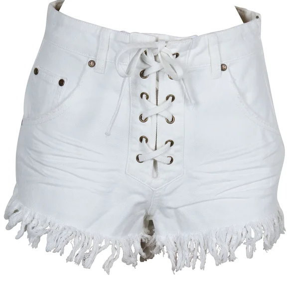 MINKPINK White Lace-Up Fringe High Waist Shorts - Picture 5 of 6